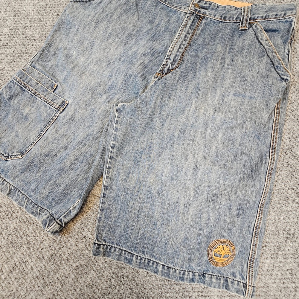 Timberland Mens Denim Carpenter Shorts Blue Light Wash Embroidered Logo Size 40
